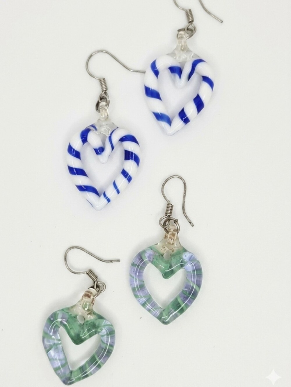 Heart Shaped Dangle Earrings Blue and Green Swirl Striped 2 Pairs